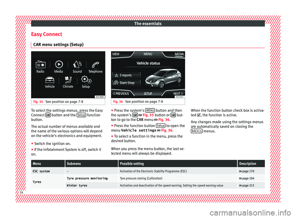Seat Ibiza SC 2015 Owners Guide The essentials
Easy Connect CAR menu settin g
s
 (Setup)Fig. 35 
See position on page 7-8 Fig. 36 
See position on page 7-8 To select the settings menus, press the Easy
C
onnect
 

  button a