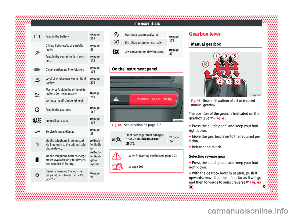 Seat Ibiza SC 2015  Owners manual The essentials
Fault in the battery.››› 
page 
209 
Driving light totally or partially
faulty.››› 
page 
83
Fault in the cornering light sys-
tem.›››  page 
123 
Diesel part