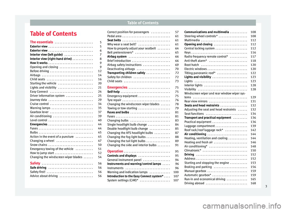 Seat Ibiza SC 2015  Owners manual Table of Contents
Table of Contents
The e s
senti
als . . . . . . . . . . . . . . . . . . . . . . . . 5
Exterior view  . . . . . . . . . . . . . . . . . . . . . . . . . . . . 5
Exterior view  . . . . 
