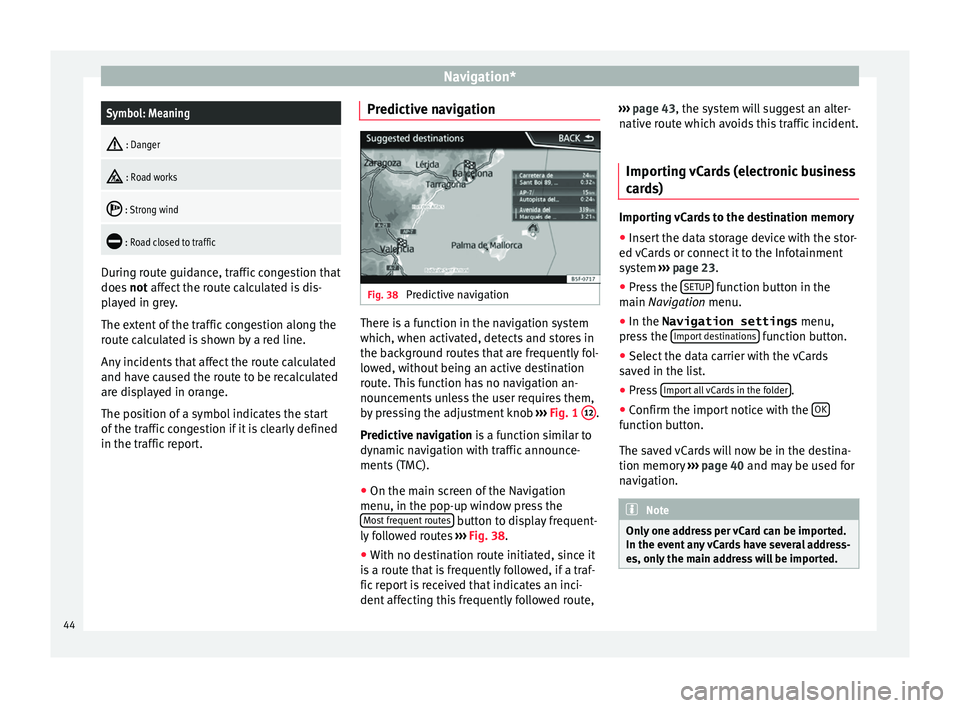 Seat Ibiza SC 2015  MEDIA SYSTEM PLUS - NAVI SYSTEM Navigation*Symbol: Meaning

 : Danger

 : Road works

 : Strong wind

 : Road closed to traffic
During route guidance, traffic congestion that
does 
not

 affect the route calculated is di