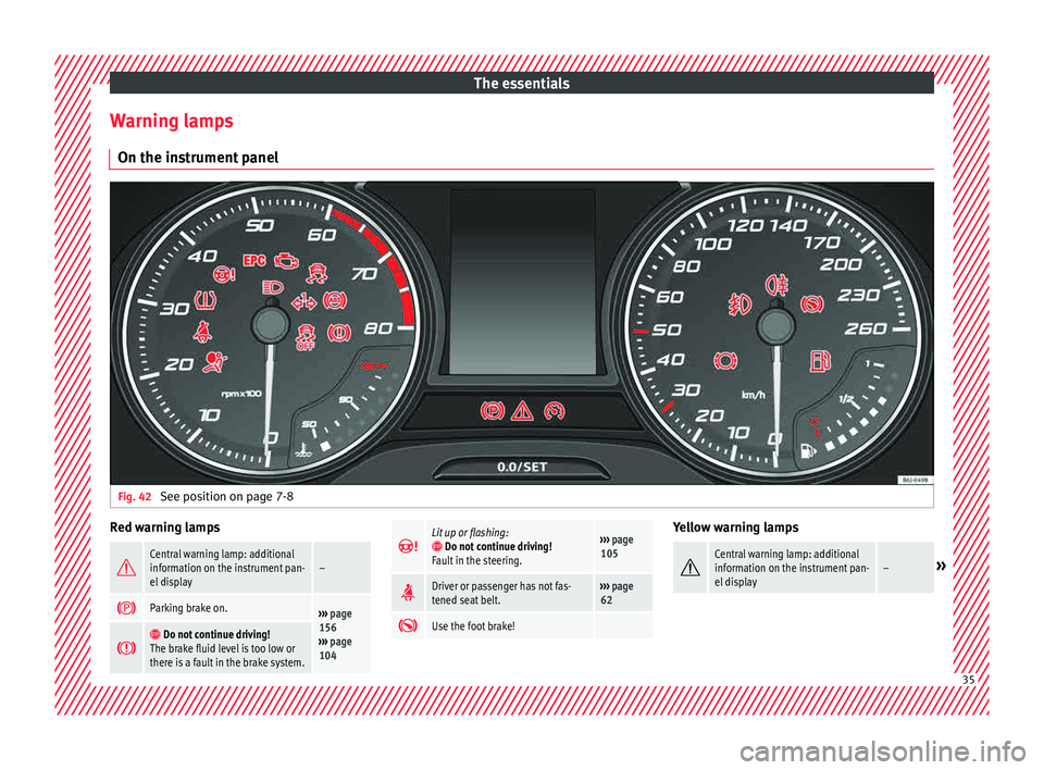 Seat Ibiza ST 2015 Owners Guide The essentials
Warning lamps On the in s
trument
panelFig. 42
See position on page 7-8 Red warning lamps
Central warning lamp: additional
information on the instrument pan-
el display–
Par Seat Ibiza ST 2015 Owners Guide The essentials
Warning lamps On the in s
trument
panelFig. 42
See position on page 7-8 Red warning lamps
Central warning lamp: additional
information on the instrument pan-
el display–
Par