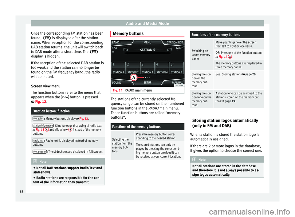 Seat Ibiza ST 2015  MEDIA SYSTEM PLUS - NAVI SYSTEM Audio and Media Mode
Once the corresponding FM station has been
f ou
nd, 
(FM) is displayed after the station
name. When reception for the corresponding
DAB station returns, the unit will switch back
