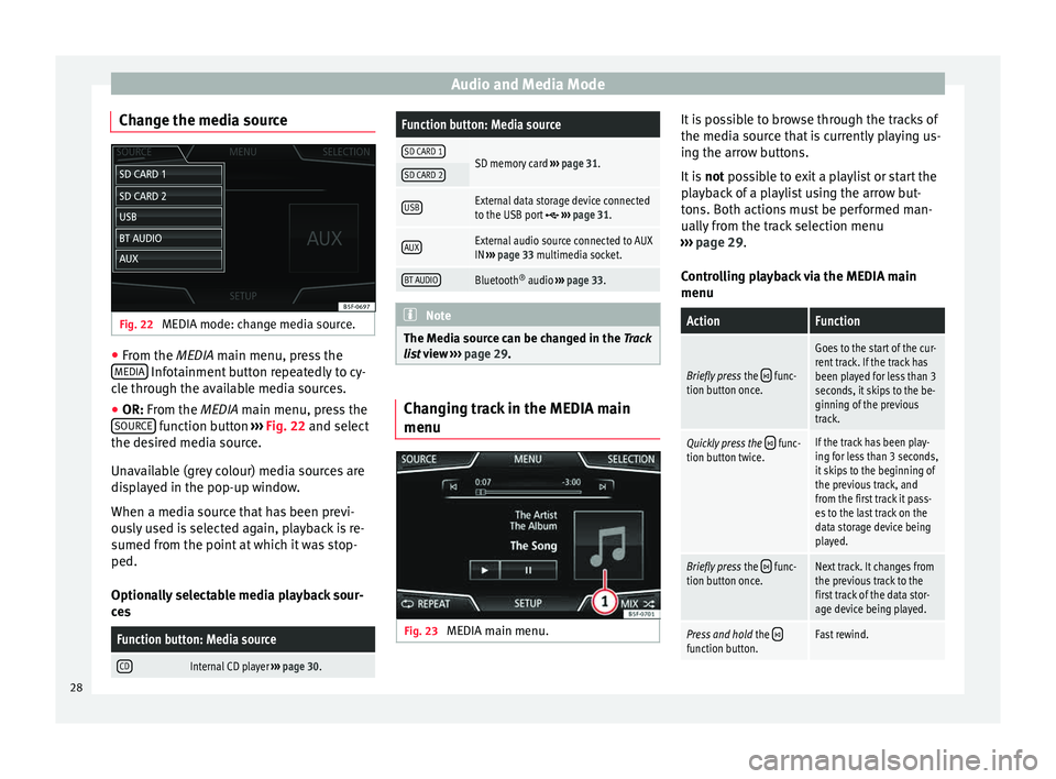 Seat Ibiza ST 2015 MEDIA SYSTEM PLUS - NAVI SYSTEM Audio and Media Mode
Change the media source Fig. 22
MEDIA mode: change media source. ●
From the MEDIA m ain menu, pr
e ss the
MEDIA Infotainment button repeatedly to cy-
c l
e thr
ough the availa Seat Ibiza ST 2015 MEDIA SYSTEM PLUS - NAVI SYSTEM Audio and Media Mode
Change the media source Fig. 22
MEDIA mode: change media source. ●
From the MEDIA m ain menu, pr
e ss the
MEDIA Infotainment button repeatedly to cy-
c l
e thr
ough the availa