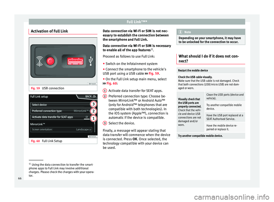 Seat Ibiza ST 2015 MEDIA SYSTEM PLUS - NAVI SYSTEM Full Link™*
Activation of Full Link Fig. 59
USB connection Fig. 60
Full Link Setup Data connection via Wi-Fi or SIM is not nec-
e
s
s
ary to establish the connection between
the smartphone and Ful Seat Ibiza ST 2015 MEDIA SYSTEM PLUS - NAVI SYSTEM Full Link™*
Activation of Full Link Fig. 59
USB connection Fig. 60
Full Link Setup Data connection via Wi-Fi or SIM is not nec-
e
s
s
ary to establish the connection between
the smartphone and Ful