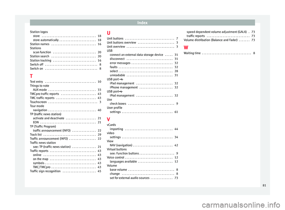 Seat Ibiza ST 2015  MEDIA SYSTEM PLUS - NAVI SYSTEM Index
Station logos st
or
e  . . . . . . . . . . . . . . . . . . . . . . . . . . . . . . . . . . 18
store automatically  . . . . . . . . . . . . . . . . . . . . . . . 18
Station names  . . . . . . . .