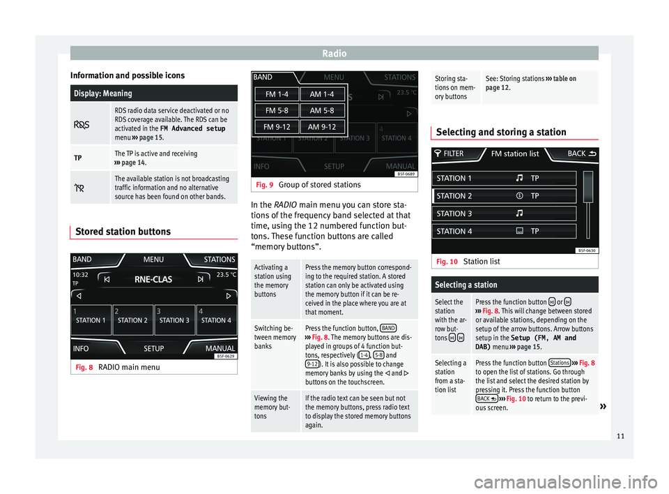 Seat Ibiza ST 2015  MEDIA SYSTEM TOUCH - COLOUR Radio
Information and possible iconsDisplay: Meaning 
RDS radio data service deactivated or no
RDS coverage available. The RDS can be
activated in the FM Advanced setup
menu 
››› page 15.
TPT