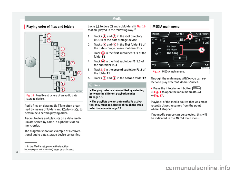 Seat Ibiza ST 2015  MEDIA SYSTEM TOUCH - COLOUR Media
Playing order of files and folders Fig. 16 
Possible structure of an audio data
s t
or
age device. Audio files on data media 
are of
t
 en organ-
ised by means of folders and  playlists