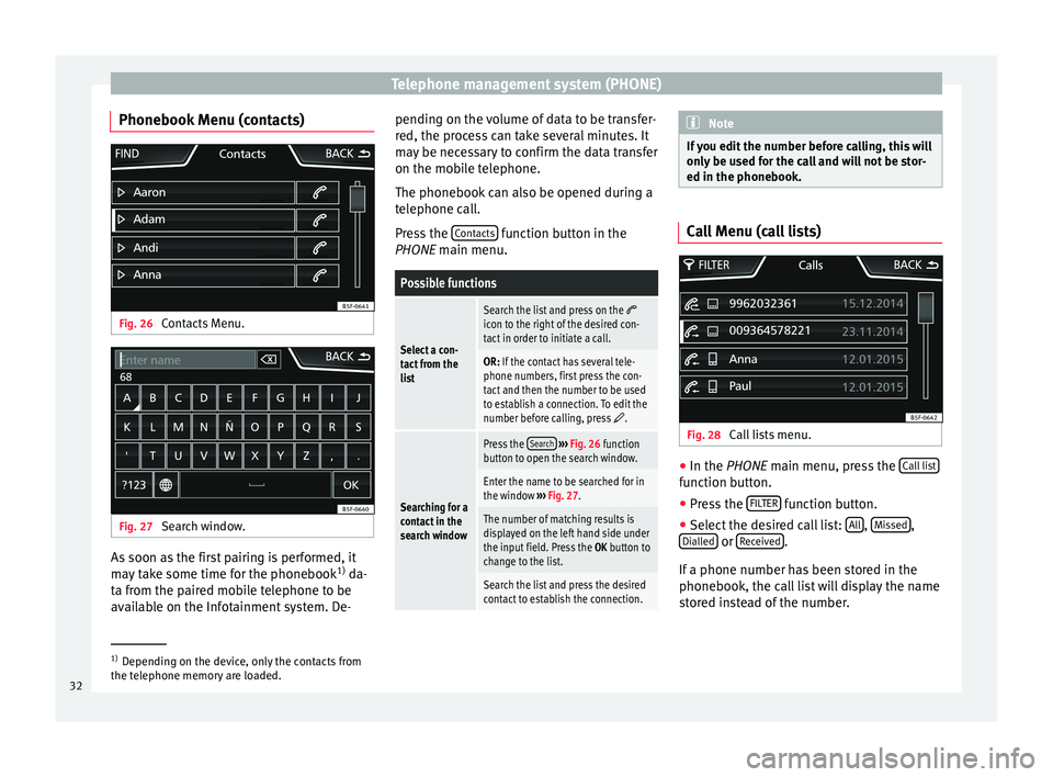 Seat Ibiza ST 2015  MEDIA SYSTEM TOUCH - COLOUR Telephone management system (PHONE)
Phonebook Menu (contacts) Fig. 26 
Contacts Menu. Fig. 27 
Search window. As soon as the first pairing is performed, it
m
a
y
 take some time for the phonebook 1)
 