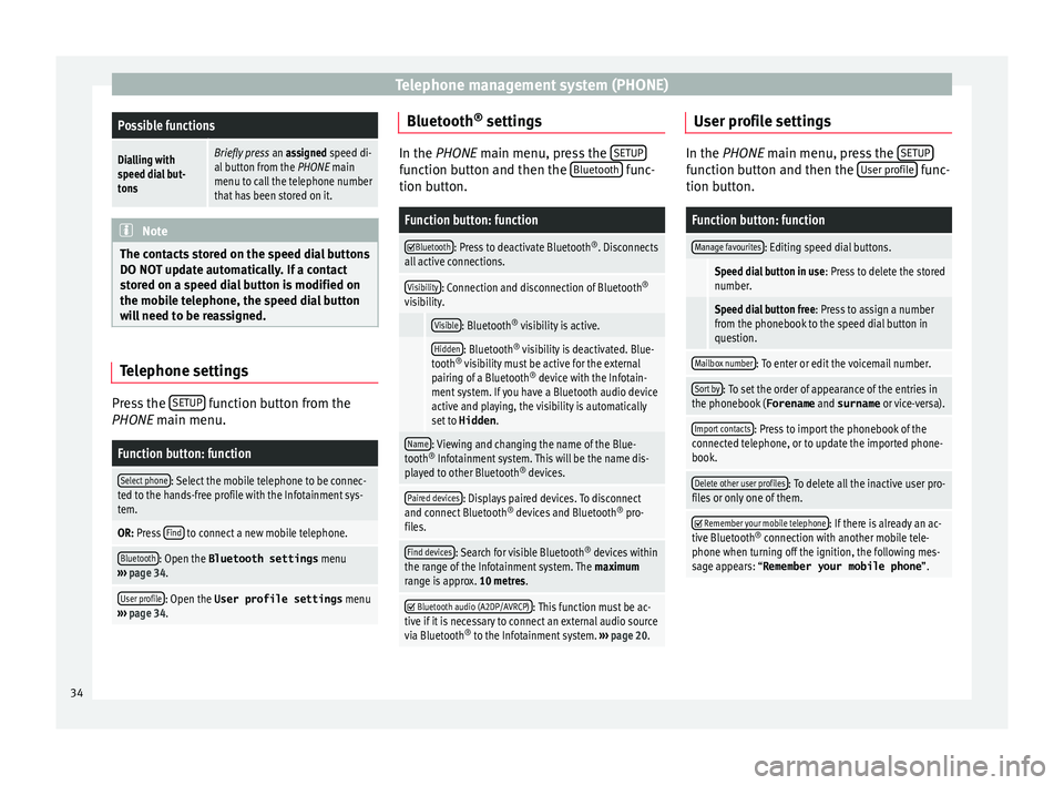 Seat Ibiza ST 2015  MEDIA SYSTEM TOUCH - COLOUR Telephone management system (PHONE)Possible functions
Dialling with
speed dial but-
tonsBriefly press
 an assigned speed di-
al button from the  PHONE main
menu to call the telephone number
that has b