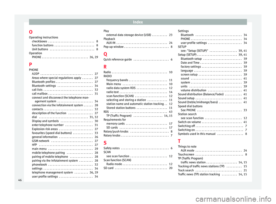 Seat Ibiza ST 2015  MEDIA SYSTEM TOUCH - COLOUR Index
O Oper atin
g in
structions
checkboxes  . . . . . . . . . . . . . . . . . . . . . . . . . . . . . . 8
function buttons  . . . . . . . . . . . . . . . . . . . . . . . . . . 8
Unit buttons  . . . 