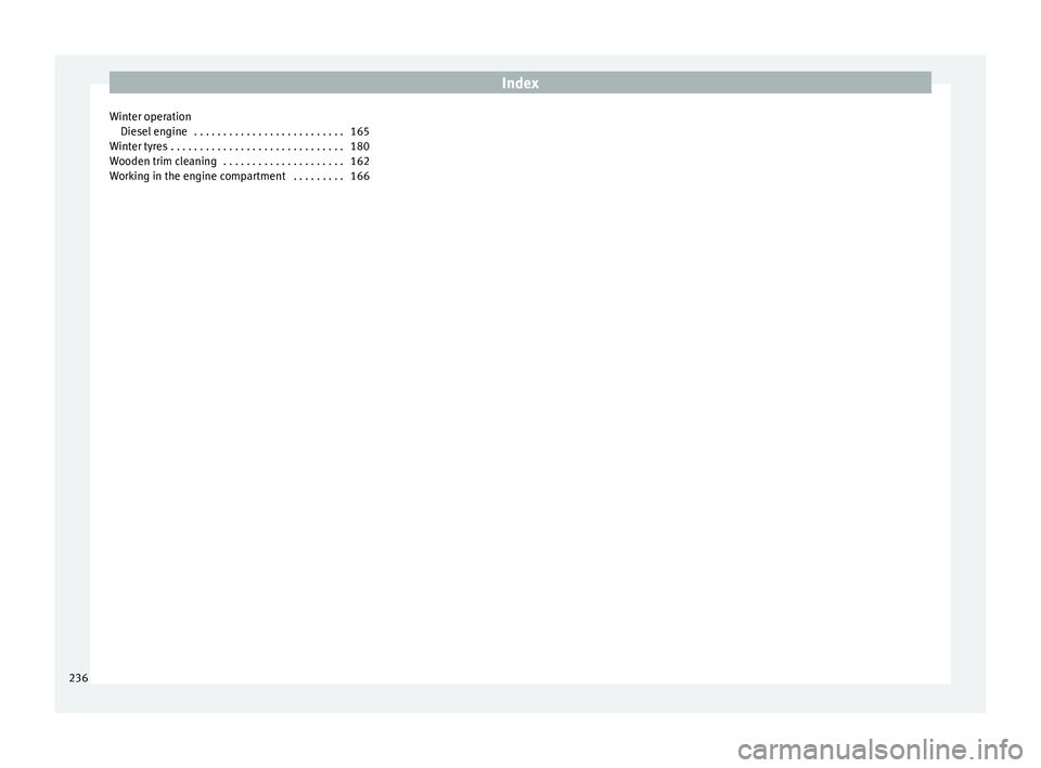 Seat Ibiza 5D 2014  Owners manual Index
Winter operation Diesel engine  . . . . . . . . . . . . . . . . . . . . . . . . . . 165
Winter tyres . . . . . . . . . . . . . . . . . . . . . . . . . . . . . . 180
Wooden trim cleaning  . . . .