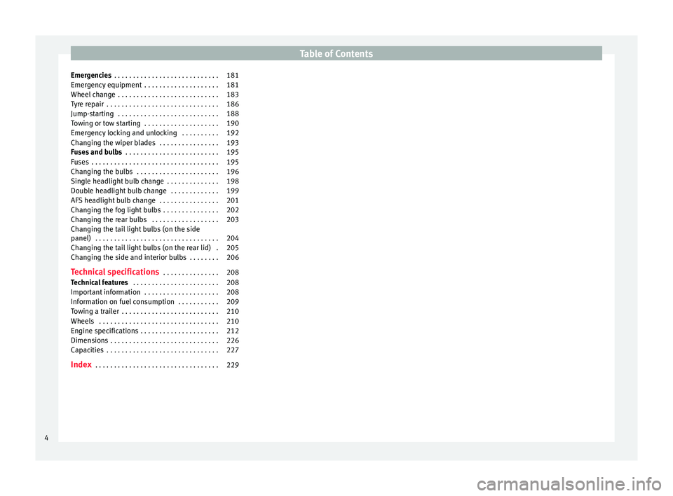 Seat Ibiza 5D 2014  Owners manual Table of Contents
Emergencies  . . . . . . . . . . . . . . . . . . . . . . . . . . . . 181
Emergency equipment  . . . . . . . . . . . . . . . . . . . . 181
Wheel change  . . . . . . . . . . . . . . . 