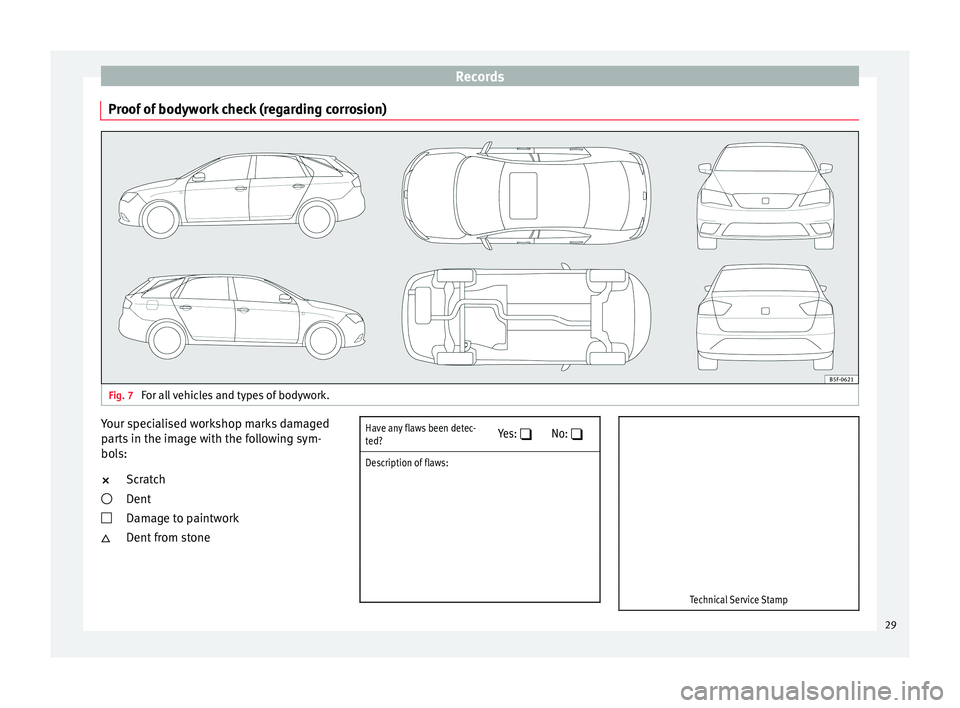 Seat Ibiza 5D 2014  Maintenance programme Records
Proof of bodywork check (regarding corrosion) Fig. 7 
For all vehicles and types of bodywork. Your specialised workshop marks damaged
parts in the image with the following sym-
bols:
Scratch
D