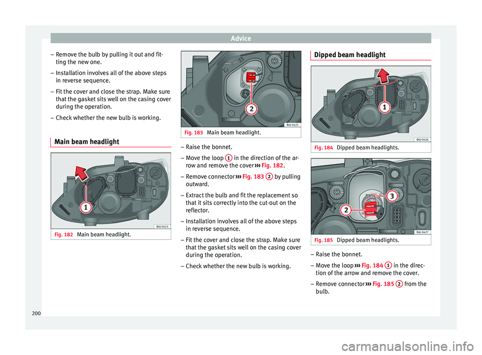 Seat Ibiza SC 2014  Owners manual Advice
– Remove the bulb by pulling it out and fit-
ting the new one.
– Installation involves all of the above steps
in reverse sequence.
– Fit the cover and close the strap. Make sure
that the 