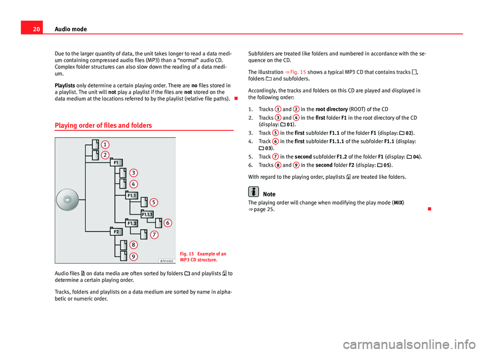 Seat Ibiza ST 2014  SOUND SYSTEM 1.X 20Audio mode
Due to the larger quantity of data, the unit takes longer to read a data medi-
um containing compressed audio files (MP3) than a “normal” audio CD.
Complex folder structures can also 