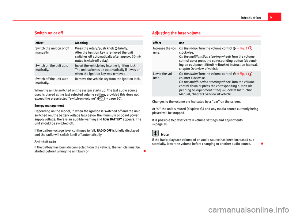 Seat Ibiza ST 2014  SOUND SYSTEM 1.X 9
Introduction
Switch on or off
effectMeaningSwitch the unit on or off
manually.Press the rotary/push knob   briefly.
After the ignition key is removed the unit
switches off automatically after app