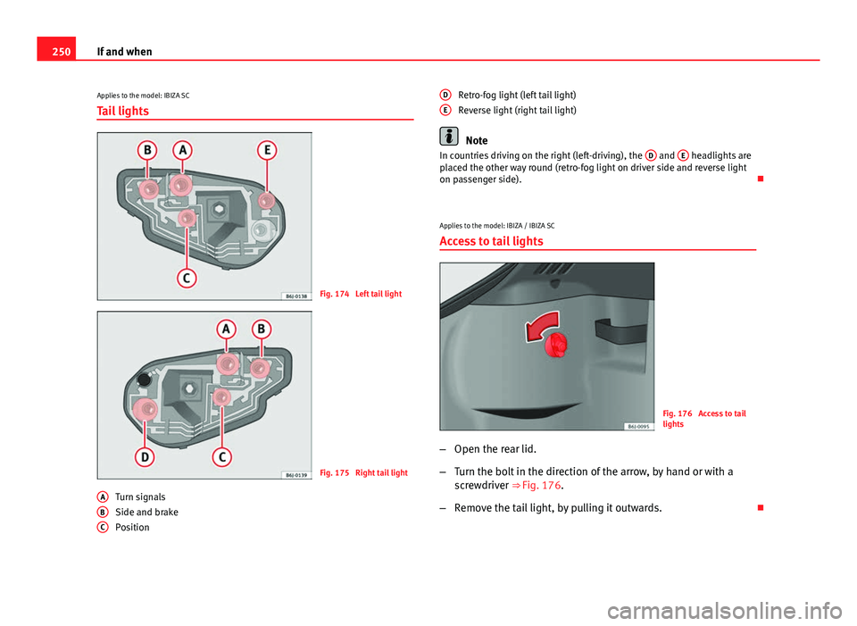 Seat Ibiza SC 2013  Owners manual 250If and when
Applies to the model: IBIZA SC
Tail lights
Fig. 174  Left tail light
Fig. 175  Right tail light
Turn signals
Side and brake
Position
A
BC
Retro-fog light (left tail light)
Reverse light