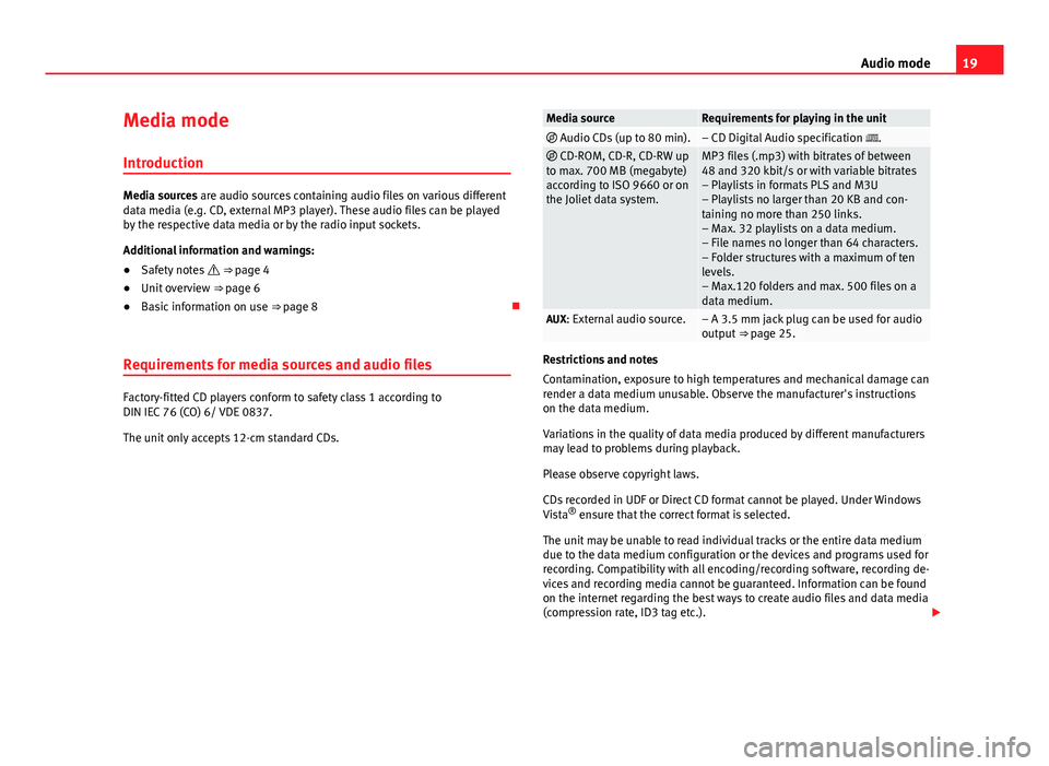 Seat Ibiza SC 2013  SOUND SYSTEM 1.X 19Audio modeMedia mode
Introduction
Media sources are audio sources containing audio files on various differentdata media (e.g. CD, external MP3 player). These audio files can be playedby the respecti