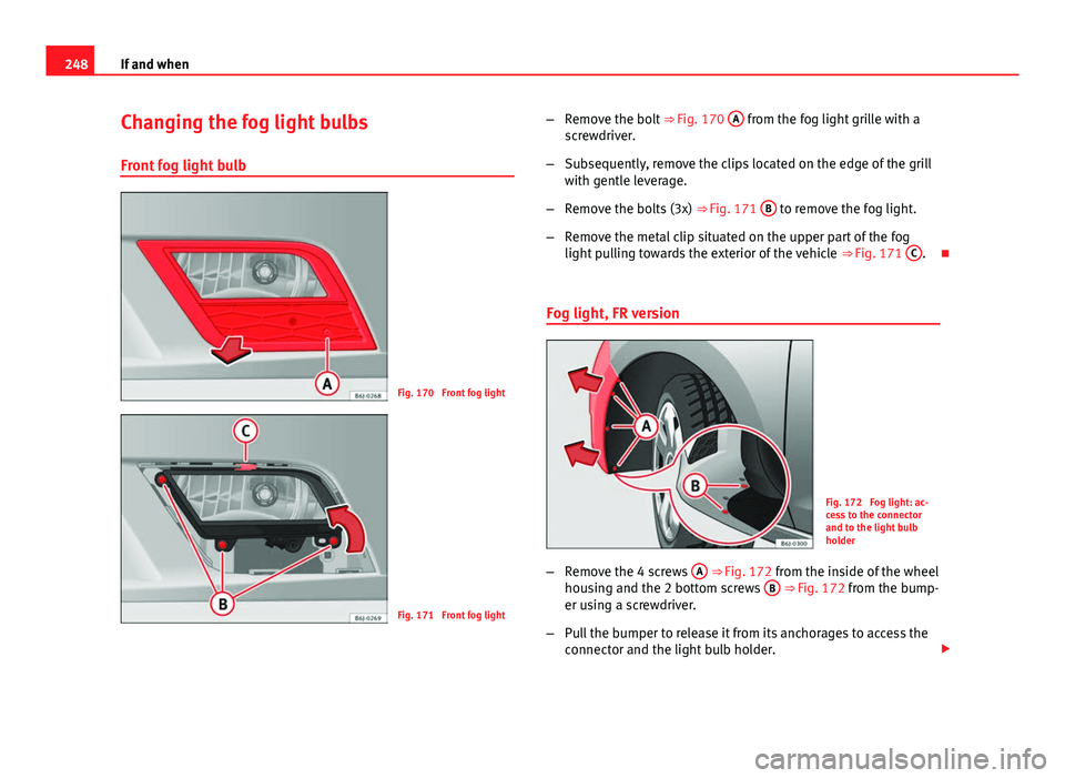 Seat Ibiza ST 2013  Owners manual 248If and when
Changing the fog light bulbs
Front fog light bulb
Fig. 170  Front fog light
Fig. 171  Front fog light –
Remove the bolt  ⇒ Fig. 170 A
 from the fog light grille with a
screwdriver