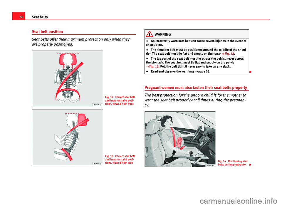 Seat Ibiza ST 2013 Owners Guide 26Seat belts
Seat belt position
Seat belts offer their maximum protection only when they
are properly positioned.
Fig. 12  Correct seat belt
and head restraint posi-
tions, viewed from front
Fig. 13  