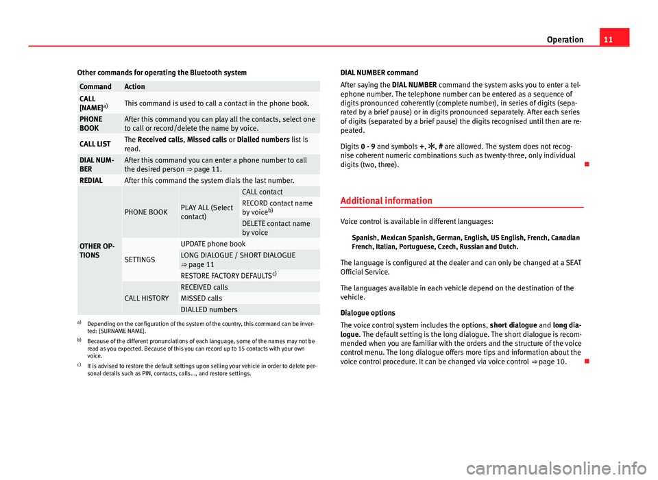 Seat Ibiza ST 2013  BLUETOOTH SYSTEM 11OperationOther commands for operating the Bluetooth systemCommandActionCALL[NAME]a)This command is used to call a contact in the phone book.PHONEBOOKAfter this command you can play all the contacts,