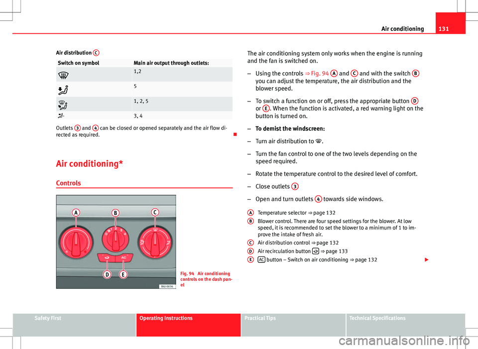 Seat Ibiza 5D 2012  Owners manual 131
Air conditioning
Air distribution  C
Switch on symbolMain air output through outlets:
1,2
5
1, 2, 5

-3, 4
Outlets  3 and 4 can be closed or opened separately and the air flow di-
rect