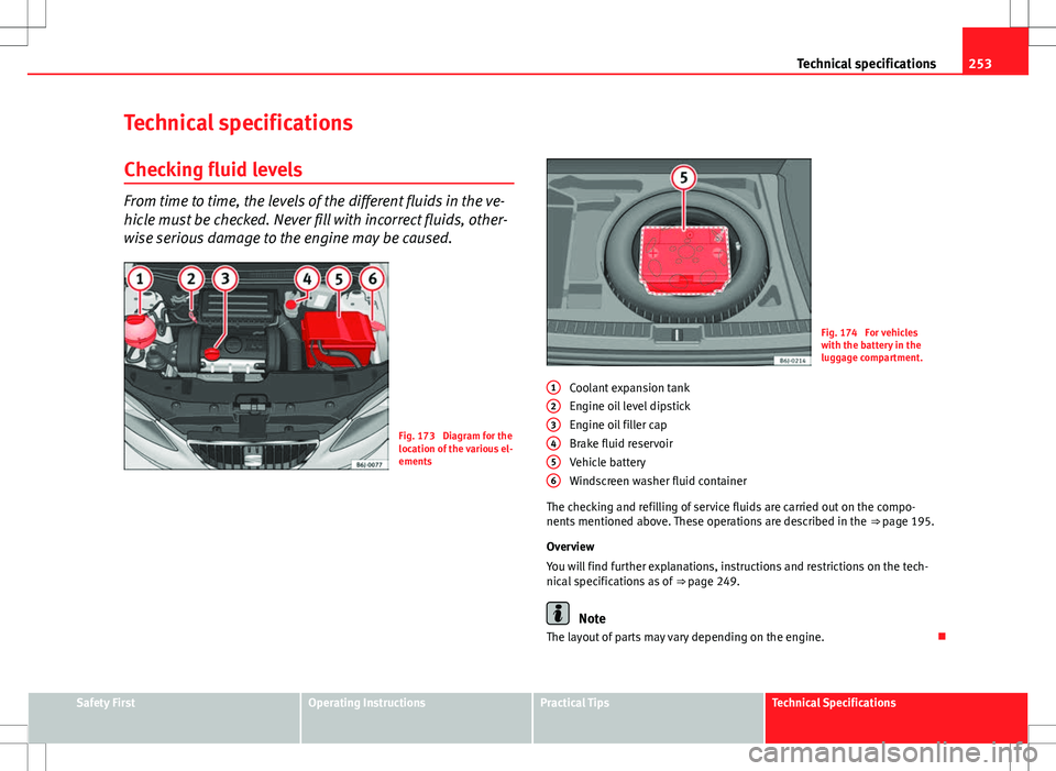 Seat Ibiza 5D 2012  Owners manual 253
Technical specifications
Technical specifications
Checking fluid levels
From time to time, the levels of the different fluids in the ve-
hicle must be checked. Never fill with incorrect fluids, ot
