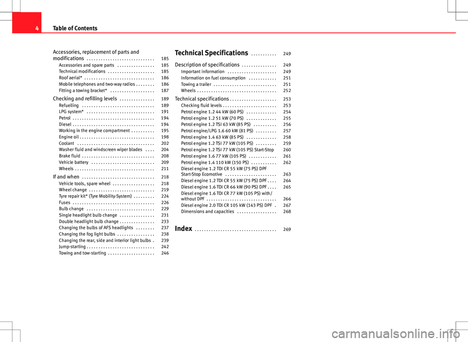 Seat Ibiza 5D 2012  Owners manual Accessories, replacement of parts and
modifications . . . . . . . . . . . . . . . . . . . . . . . . . . . . . 185
Accessories and spare parts  . . . . . . . . . . . . . . . . 185
Technical modificatio