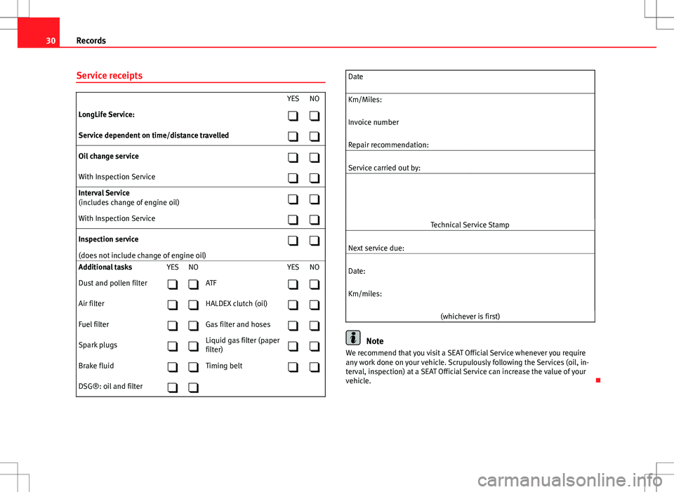 Seat Ibiza 5D 2012  Maintenance programme 30Records
Service receipts
  YES NO
LongLife Service:  
Service dependent on time/distance travelled  
Oil change service  
With Inspection Service  
Interval Service
(includes