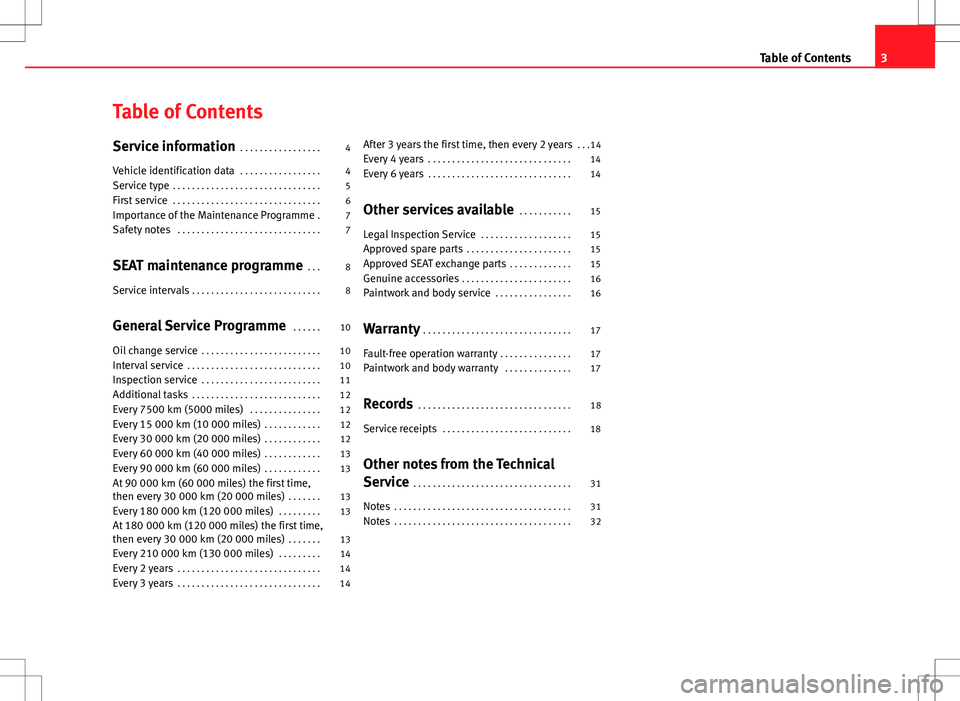 Seat Ibiza 5D 2012  Maintenance programme Table of Contents
Service information . . . . . . . . . . . . . . . . . 4
Vehicle identification data  . . . . . . . . . . . . . . . . . 4
Service type  . . . . . . . . . . . . . . . . . . . . . . . .