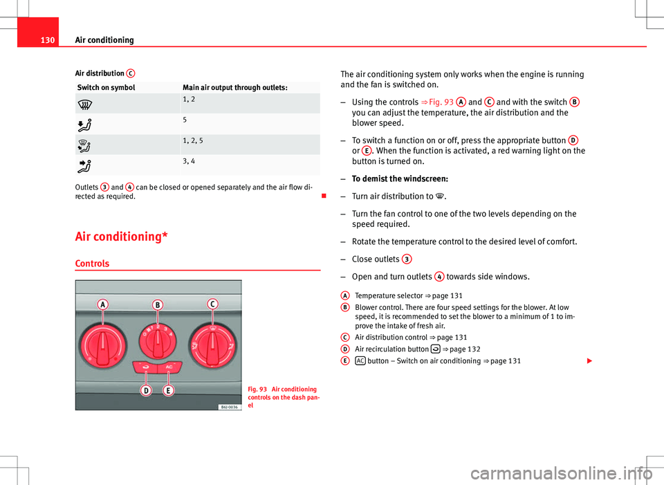 Seat Ibiza SC 2012 Owners manual 130Air conditioning
Air distribution C
Switch on symbolMain air output through outlets:
1, 2
5
1, 2, 5
3, 4
Outlets 3 and 4 can be closed or opened separately and the air flow di-
rected Seat Ibiza SC 2012 Owners manual 130Air conditioning
Air distribution C
Switch on symbolMain air output through outlets:
1, 2
5
1, 2, 5
3, 4
Outlets 3 and 4 can be closed or opened separately and the air flow di-
rected