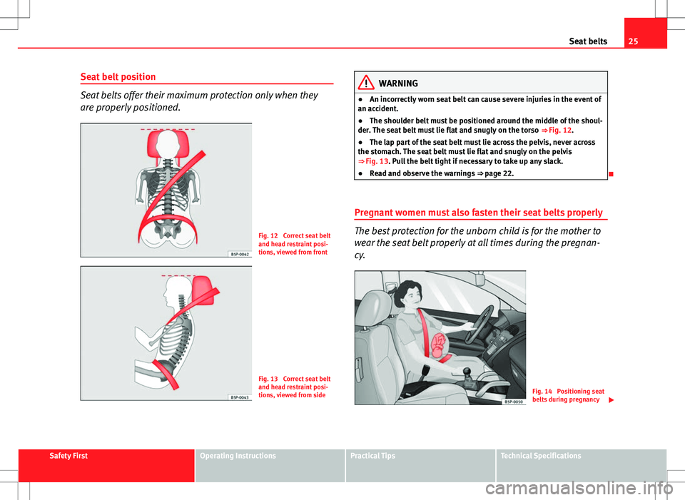 Seat Ibiza SC 2012 Owners Guide 25
Seat belts
Seat belt position
Seat belts offer their maximum protection only when they
are properly positioned.
Fig. 12 Correct seat belt
and head restraint posi-
tions, viewed from front
Fig. 13 Seat Ibiza SC 2012 Owners Guide 25
Seat belts
Seat belt position
Seat belts offer their maximum protection only when they
are properly positioned.
Fig. 12 Correct seat belt
and head restraint posi-
tions, viewed from front
Fig. 13