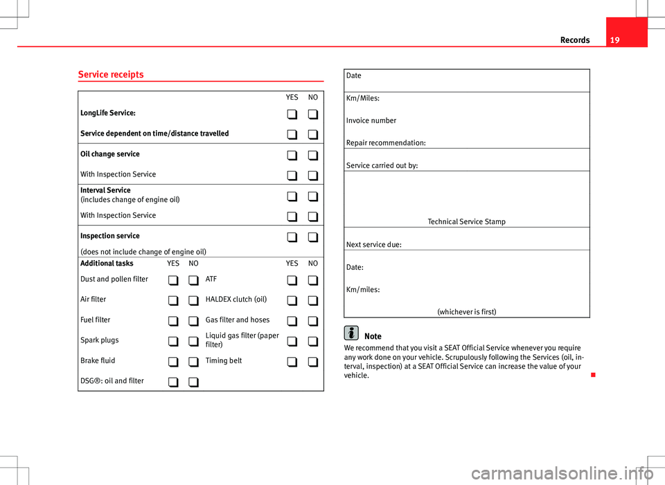 Seat Ibiza SC 2012  Maintenance programme 19
Records
Service receipts
  YES NO
LongLife Service:  
Service dependent on time/distance travelled  
Oil change service  
With Inspection Service  
Interval Service
(include