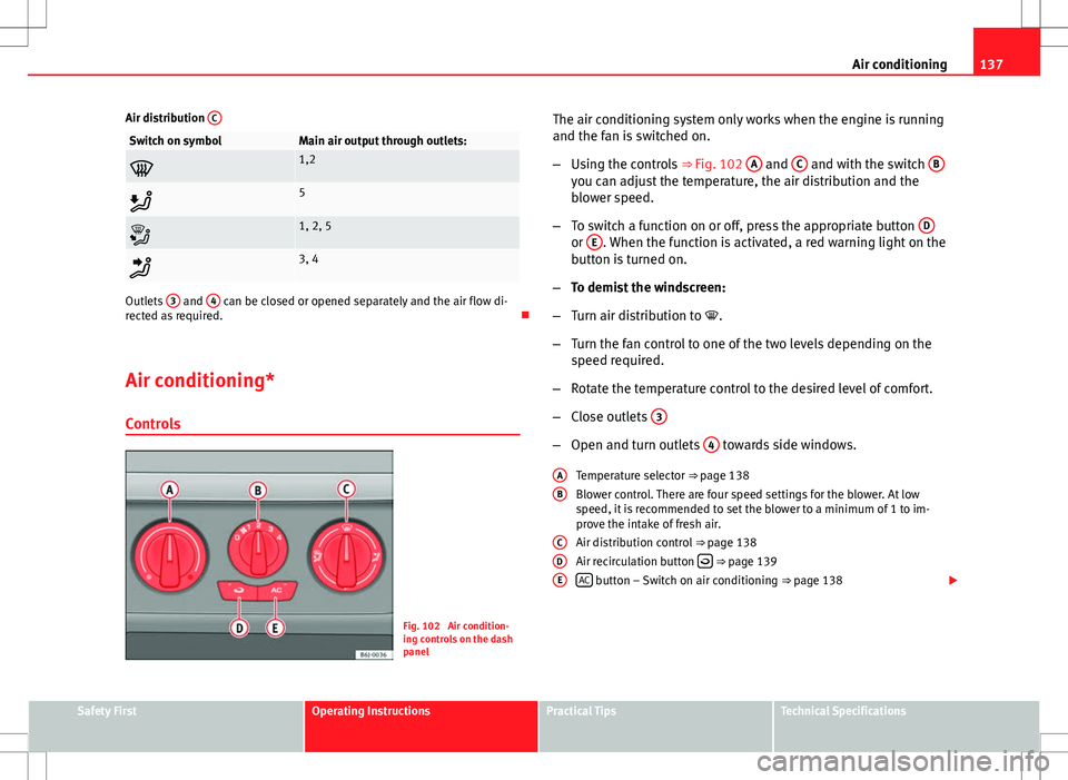 Seat Ibiza ST 2012 Owners manual 137
Air conditioning
Air distribution C
Switch on symbolMain air output through outlets:
1,2
5
1, 2, 5
3, 4
Outlets 3 and 4 can be closed or opened separately and the air flow di-
rected Seat Ibiza ST 2012 Owners manual 137
Air conditioning
Air distribution C
Switch on symbolMain air output through outlets:
1,2
5
1, 2, 5
3, 4
Outlets 3 and 4 can be closed or opened separately and the air flow di-
rected