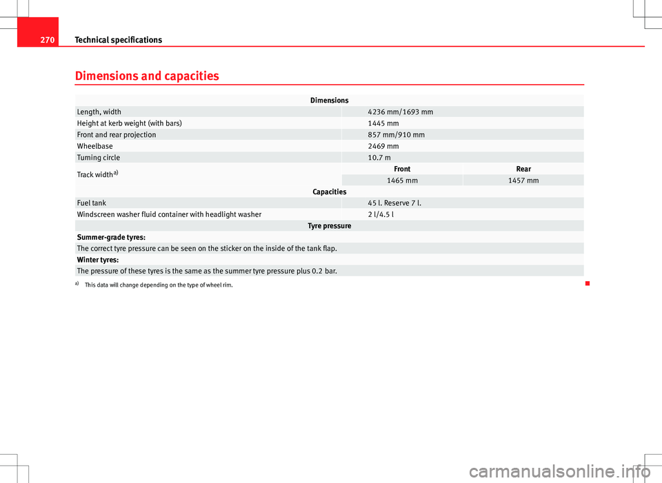 Seat Ibiza ST 2012 Owners manual 270Technical specifications
Dimensions and capacities
DimensionsLength, width 4236 mm/1693 mmHeight at kerb weight (with bars) 1445 mmFront and rear projection 857 mm/910 mmWheelbase 2469 mmTurning ci Seat Ibiza ST 2012 Owners manual 270Technical specifications
Dimensions and capacities
DimensionsLength, width 4236 mm/1693 mmHeight at kerb weight (with bars) 1445 mmFront and rear projection 857 mm/910 mmWheelbase 2469 mmTurning ci