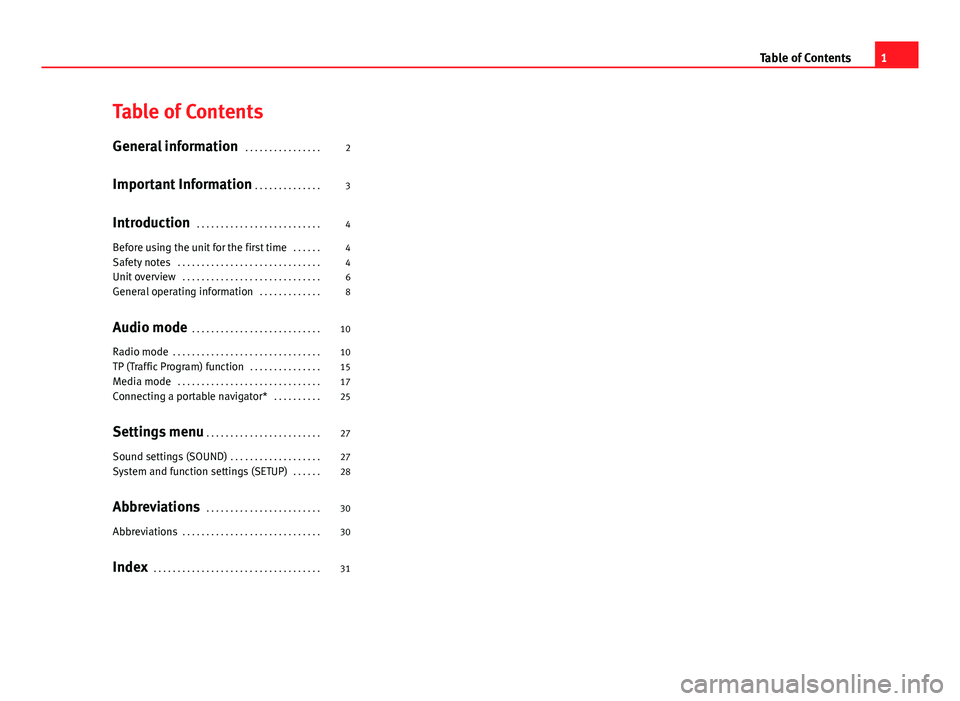 Seat Ibiza ST 2012 SOUND SYSTEM 1.X Table of ContentsGeneral information . . . . . . . . . . . . . . . .2
Important Information . . . . . . . . . . . . . .
3
Introduction . . . . . . . . . . . . . . . . . . . . . . . . . .
4
Before usin Seat Ibiza ST 2012 SOUND SYSTEM 1.X Table of ContentsGeneral information . . . . . . . . . . . . . . . .2
Important Information . . . . . . . . . . . . . .
3
Introduction . . . . . . . . . . . . . . . . . . . . . . . . . .
4
Before usin