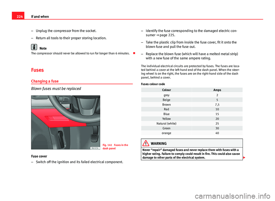 Seat Ibiza 5D 2011 Owners manual 224If and when
–Unplug the compressor from the socket.
– Return all tools to their proper storing location.
Note
The compressor should never be allowed to run for longer than 6 minutes.
Fuses Seat Ibiza 5D 2011 Owners manual 224If and when
–Unplug the compressor from the socket.
– Return all tools to their proper storing location.
Note
The compressor should never be allowed to run for longer than 6 minutes.
Fuses