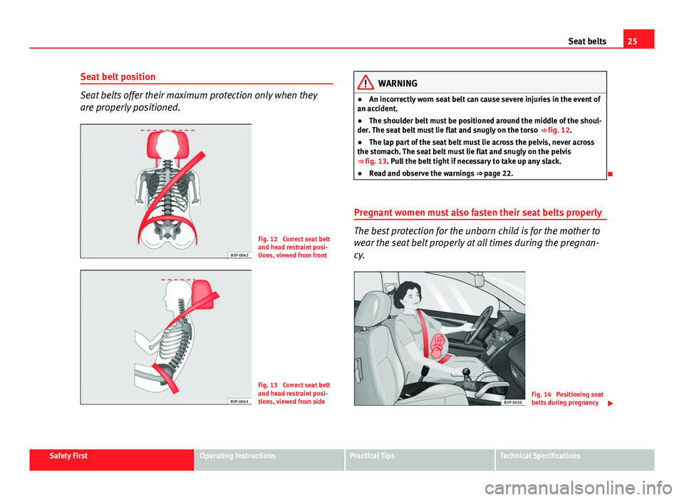 Seat Ibiza 5D 2011 Owners Guide 25
Seat belts
Seat belt position
Seat belts offer their maximum protection only when they
are properly positioned.
Fig. 12 Correct seat belt
and head restraint posi-
tions, viewed from front
Fig. 13 Seat Ibiza 5D 2011 Owners Guide 25
Seat belts
Seat belt position
Seat belts offer their maximum protection only when they
are properly positioned.
Fig. 12 Correct seat belt
and head restraint posi-
tions, viewed from front
Fig. 13