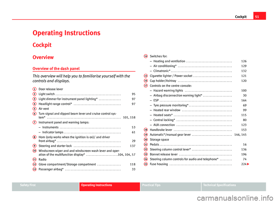 Seat Ibiza 5D 2011  Owners manual 51
Cockpit
Operating Instructions Cockpit
Overview Overview of the dash panel
This overview will help you to familiarise yourself with the
controls and displays. Door release lever
Light switch  . . .