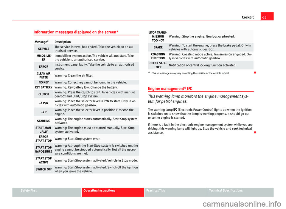 Seat Ibiza 5D 2011 Repair Manual 65
Cockpit
Information messages displayed on the screen*
Message a)Description
SERVICEThe service interval has ended. Take the vehicle to an au-
thorised service.
IMMOBILIS-
ERImmobiliser system activ Seat Ibiza 5D 2011 Repair Manual 65
Cockpit
Information messages displayed on the screen*
Message a)Description
SERVICEThe service interval has ended. Take the vehicle to an au-
thorised service.
IMMOBILIS-
ERImmobiliser system activ