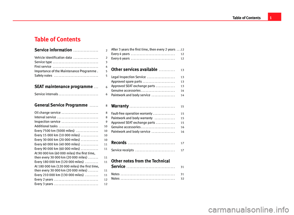 Seat Ibiza 5D 2011  Maintenance programme Table of Contents
Service information
 . . . . . . . . . . . . . . . . . 2
Vehicle identification data  . . . . . . . . . . . . . . . . . 2
Service type  . . . . . . . . . . . . . . . . . . . . . . . 