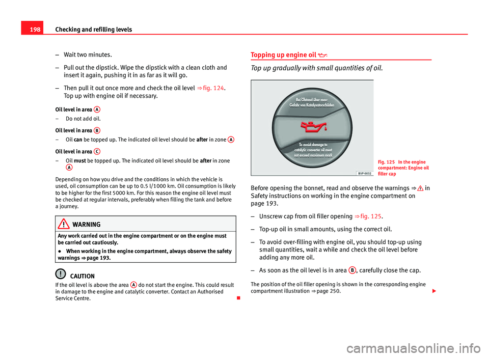 Seat Ibiza SC 2011 Owners manual 198Checking and refilling levels
–Wait two minutes.
– Pull out the dipstick. Wipe the dipstick with a clean cloth and
insert it again, pushing it in as far as it will go.
– Then pull it out once Seat Ibiza SC 2011 Owners manual 198Checking and refilling levels
–Wait two minutes.
– Pull out the dipstick. Wipe the dipstick with a clean cloth and
insert it again, pushing it in as far as it will go.
– Then pull it out once
