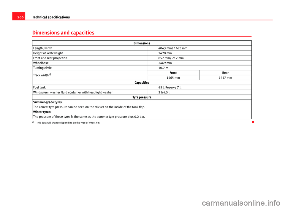 Seat Ibiza SC 2011 Owners manual 266Technical specifications
Dimensions and capacities
Dimensions
Length, width 4043 mm/ 1693 mm
Height at kerb weight 1428 mm
Front and rear projection 857 mm/ 717 mm
Wheelbase 2469 mm
Turning Seat Ibiza SC 2011 Owners manual 266Technical specifications
Dimensions and capacities
Dimensions
Length, width 4043 mm/ 1693 mm
Height at kerb weight 1428 mm
Front and rear projection 857 mm/ 717 mm
Wheelbase 2469 mm
Turning