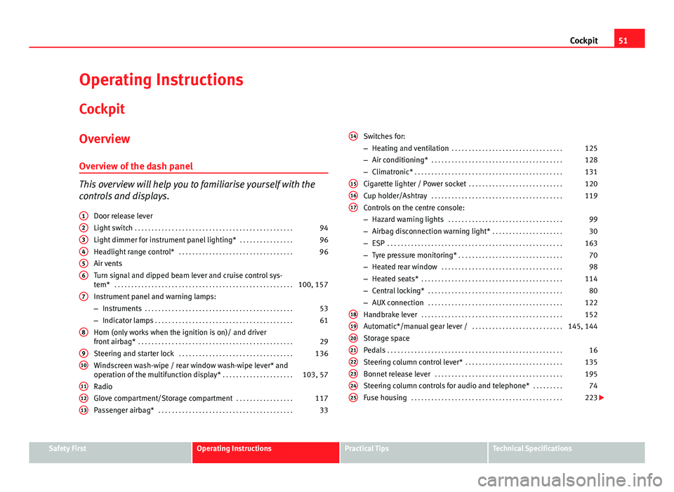 Seat Ibiza SC 2011  Owners manual 51
Cockpit
Operating Instructions Cockpit
Overview Overview of the dash panel
This overview will help you to familiarise yourself with the
controls and displays. Door release lever
Light switch  . . .