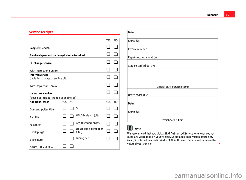 Seat Ibiza SC 2011  Maintenance programme 19
Records
Service receipts  
YES NO
LongLife Service:  
Service dependent on time/distance travelled  
Oil change service  
With Inspection Service  
Interval Service
(inc lud