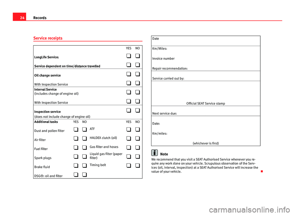 Seat Ibiza SC 2011  Maintenance programme 24
Records
Service receipts  
YES NO
LongLife Service:  
Service dependent on time/distance travelled  
Oil change service  
With Inspection Service  
Interval Service
(inc lud