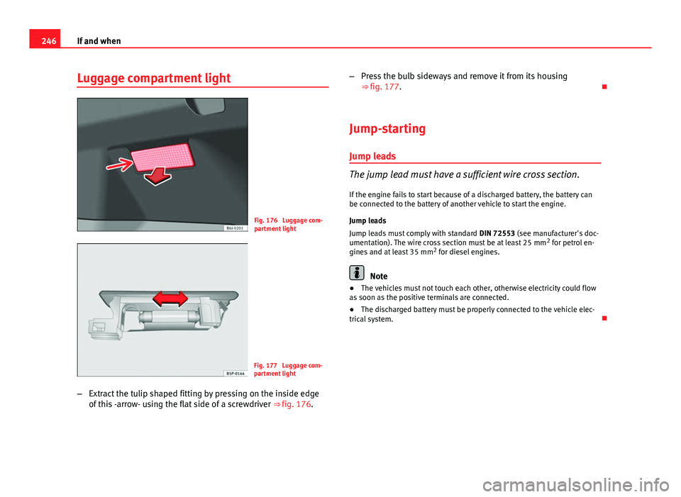 Seat Ibiza ST 2011  Owners manual 246If and when
Luggage compartment light
Fig. 176  Luggage com-
partment light
Fig. 177  Luggage com-
partment light
– Extract the tulip shaped fitting by pressing on the inside edge
of this -arrow-