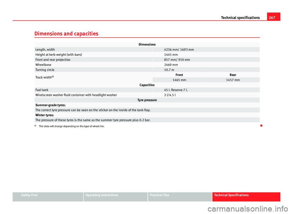 Seat Ibiza ST 2011  Owners manual 267
Technical specifications
Dimensions and capacities
DimensionsLength, width 4236 mm/ 1693 mmHeight at kerb weight (with bars) 1445 mmFront and rear projection 857 mm/ 910 mmWheelbase 2469 mmTurning