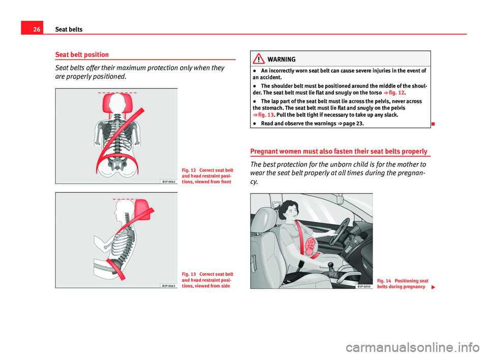 Seat Ibiza ST 2011 Owners Guide 26Seat belts
Seat belt position
Seat belts offer their maximum protection only when they
are properly positioned.
Fig. 12 Correct seat belt
and head restraint posi-
tions, viewed from front
Fig. 13 Seat Ibiza ST 2011 Owners Guide 26Seat belts
Seat belt position
Seat belts offer their maximum protection only when they
are properly positioned.
Fig. 12 Correct seat belt
and head restraint posi-
tions, viewed from front
Fig. 13