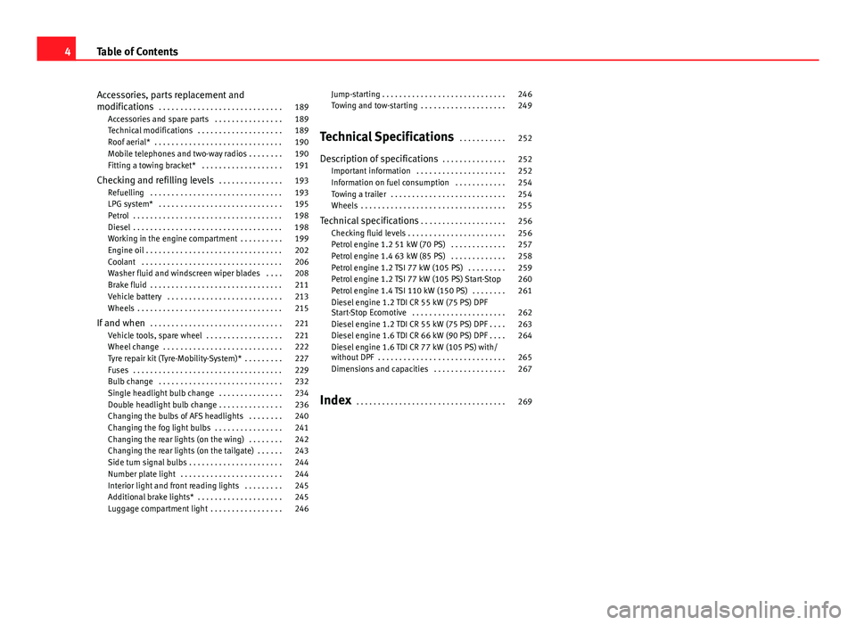 Seat Ibiza ST 2011  Owners manual Accessories, parts replacement and
modifications . . . . . . . . . . . . . . . . . . . . . . . . . . . . . 189
Accessories and spare parts  . . . . . . . . . . . . . . . . 189
Technical modifications 